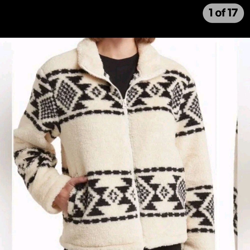 LUCKY BRAND NWT Large Geo Aztec Southwestern Print Faux Fur Zip Jacket Msrp$169